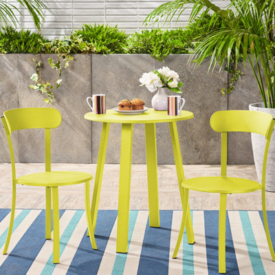 Élégant bistro lime mat pour l'extérieur, fer thermolaqué, 2 chaises et table d'extérieur, 2 repas intimes à 1 table