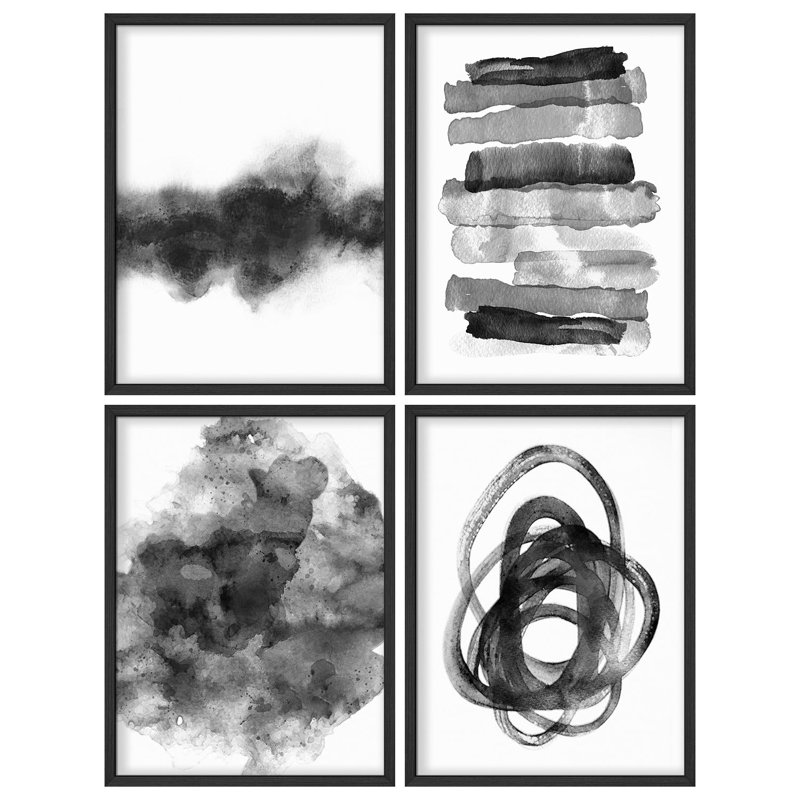"Art moderne abstrait noir et blanc", 4 pièces, Noir, H 14 po x l 11 po