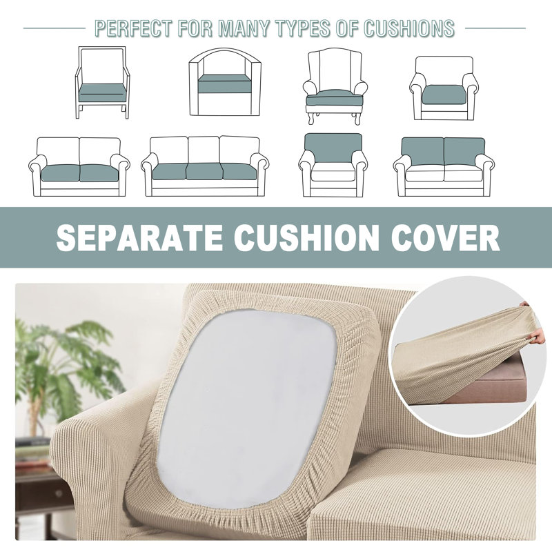 Box Cushion  Armchair  Sofa Slipcover  Machine Washable Cover Rich Textured High Spandex Small Checks Knitted Jacquard Sofa Slipcover with Cushion Covers