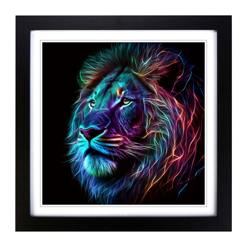 Lion Neon Art - Framed Print, Black