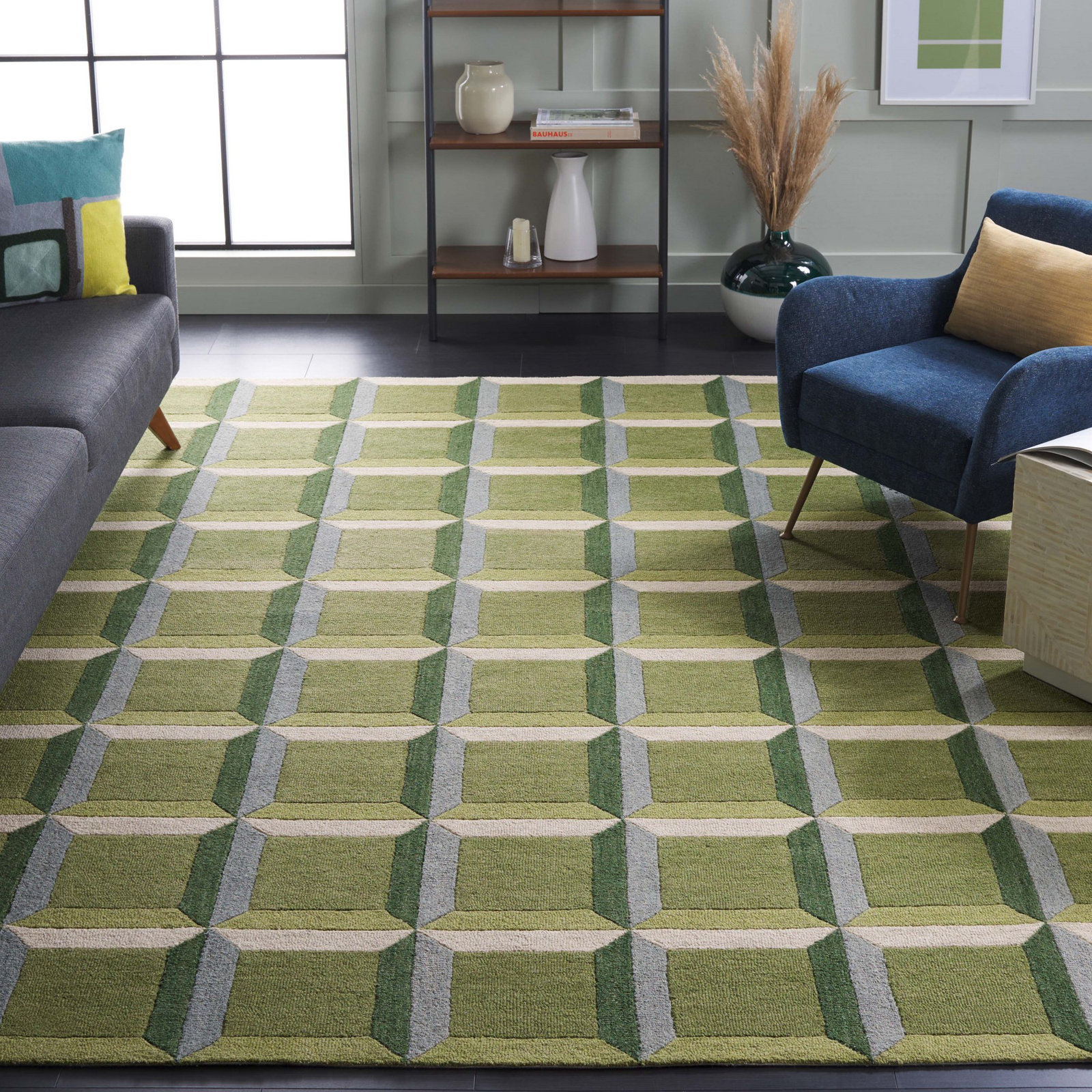 Giedre Green Beige Hand-Tufted Wool Rug, Rectangle 8' x 10'