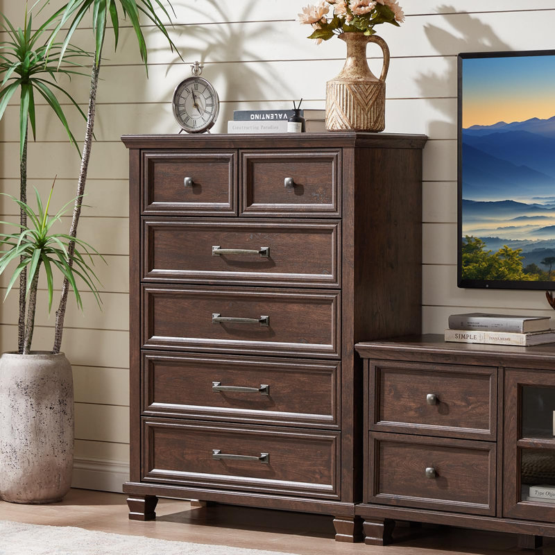Farmhouse 6 Drawer Dresser for Bedroom, 45 Inch Tall Vintage Wood Chest of Drawers, Mid-Century Dressers w/Square Wooden Legs, Rustic Storage Organizer for Living Room, Hallway (Walnut)