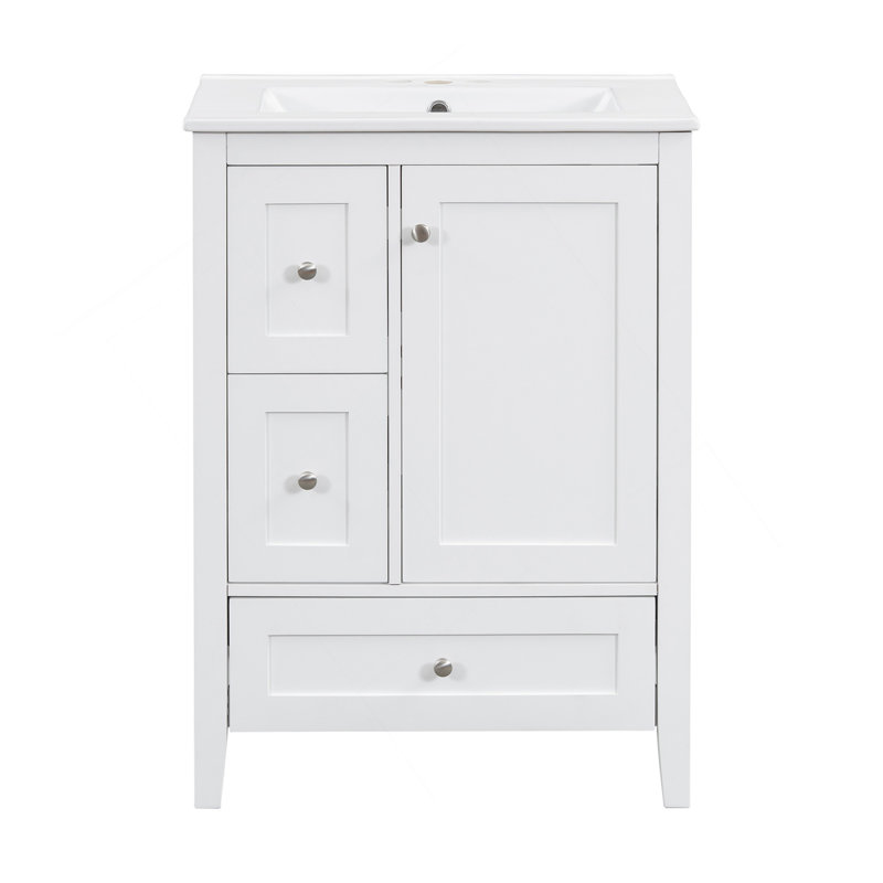 "Meuble-lavabo de 24 pouces avec rangement, tablette réglable, panneau de fibres à densité moyenne et bois d'hévéa, cloisons amovibles, finition blanc brillant"