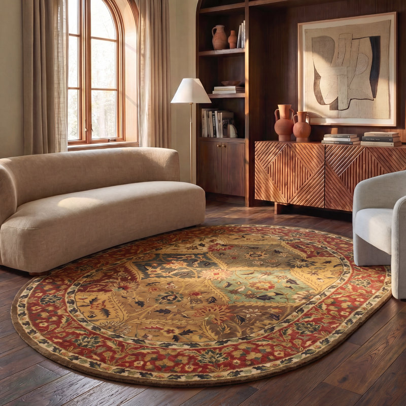 Tapis oriental en laine / coton / latex touffeté à la main Geno - rouge / jaune / vert, Rectangle 9 pi x 12 pi