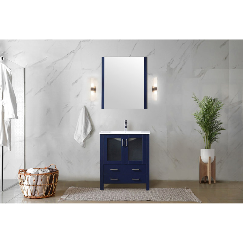 Navy Blue 30 In. Wide Bath Vanity Upgrade With White Ceramic Countertop Layer, 28 Captivating Mirror, Soft - Shut Compartment Design, And Substantial Storage Featuring Top, Closing Drawers, Ample