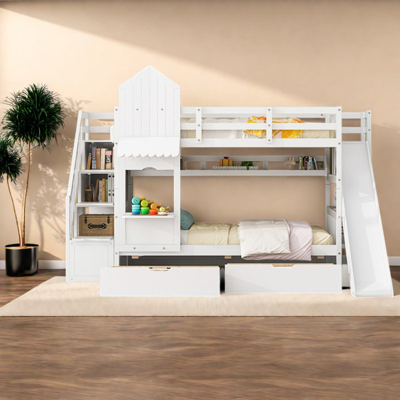 Lits de rangement, lit simple en bois avec glissade, style château moderne pour enfants