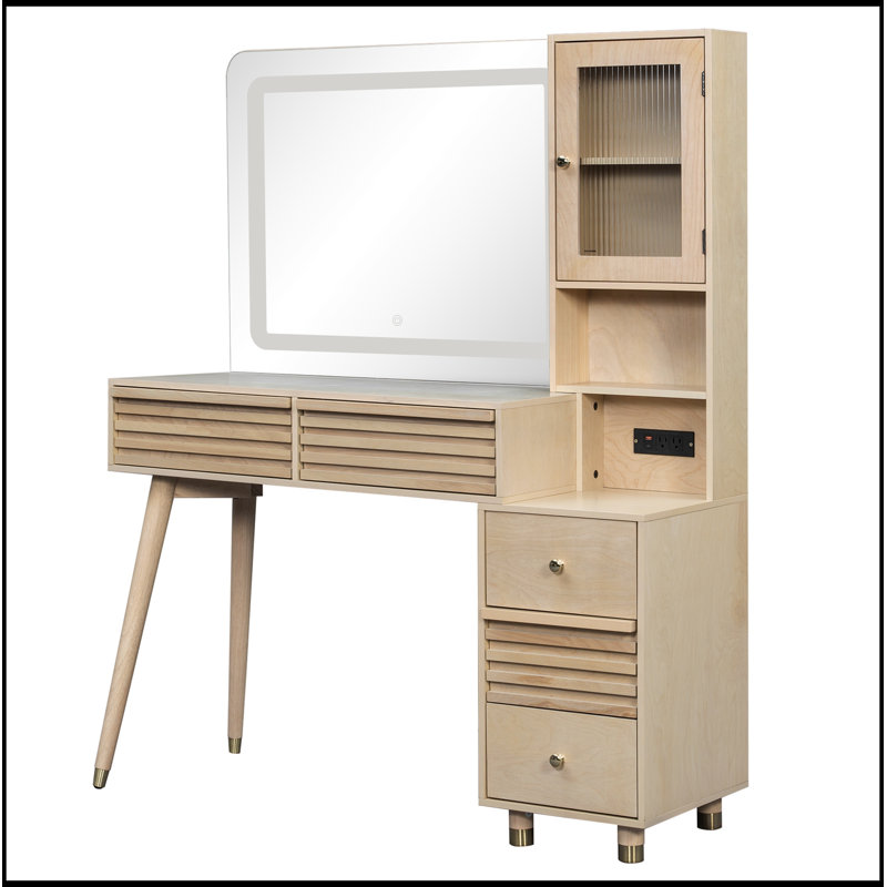 Bureau de maquillage avec miroir lumineux et 5 tiroirs, Naturel