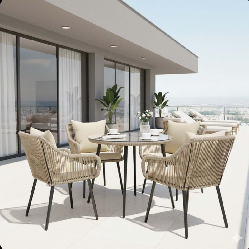 Ensemble repas en rotin de qualité supérieure avec trou pour parasol et coussins, Brun / Gris clair, Beige