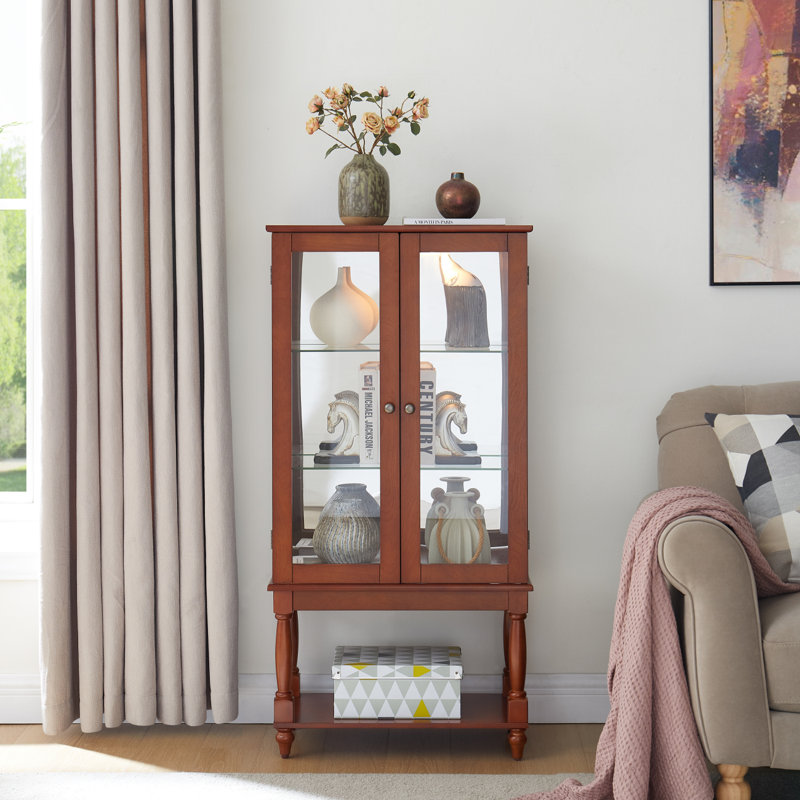 Curio Cabinet Lighted Curio Display Cabinet With Open Storage Space,Solid Wood Legs And Adjustable Shelves, Acrylic Mirrored Back Panel, Tempered Glass Doors,3 Tier And One Open Space(E26 Light Bulb N
