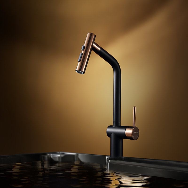 HIGOLD BN1.0 Single Handle Pull Down Kitchen Faucet With IF Award, Rose Gold & Black Finished, Gold/Black