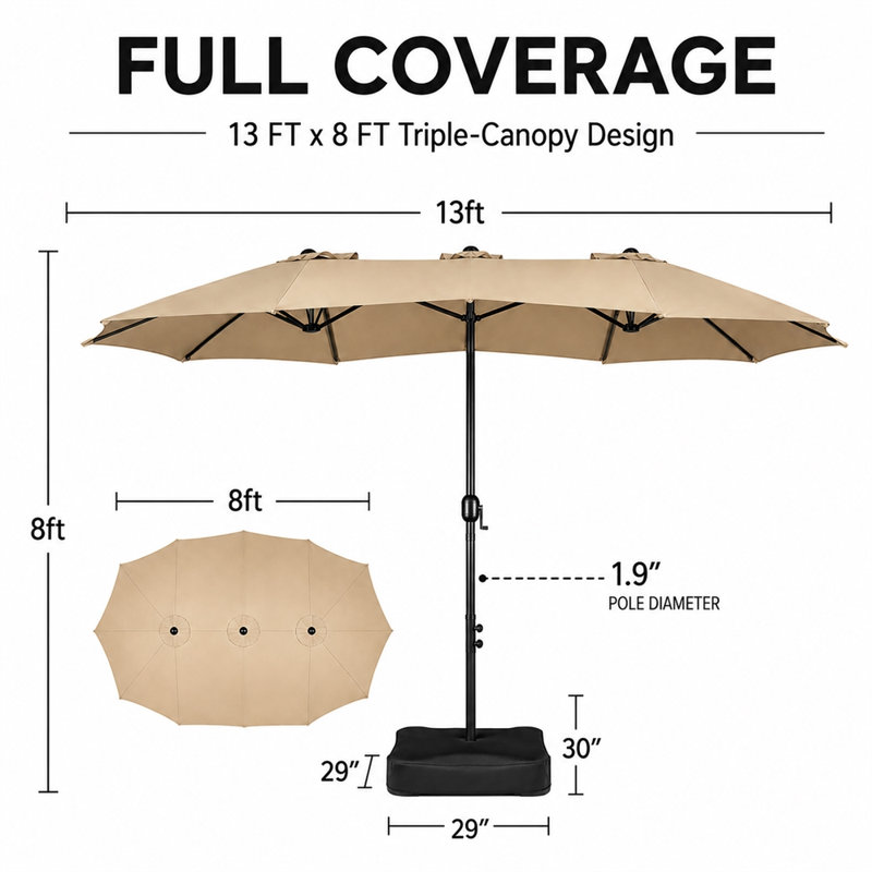 Parasol de marché rectangulaire de 13 pi x 8 pi avec base, parasol de patio triple, brun clair (sable non inclus), Tanné