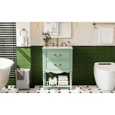 Meuble-lavabo de salle de bain avec lavabo en céramique de 24 po de style Palace rétro, deux tiroirs en forme de U, tablette ouverte, trou de déversement de lavabo, robinet d'inspiration ajustée de 8 po, fermeture en douceur