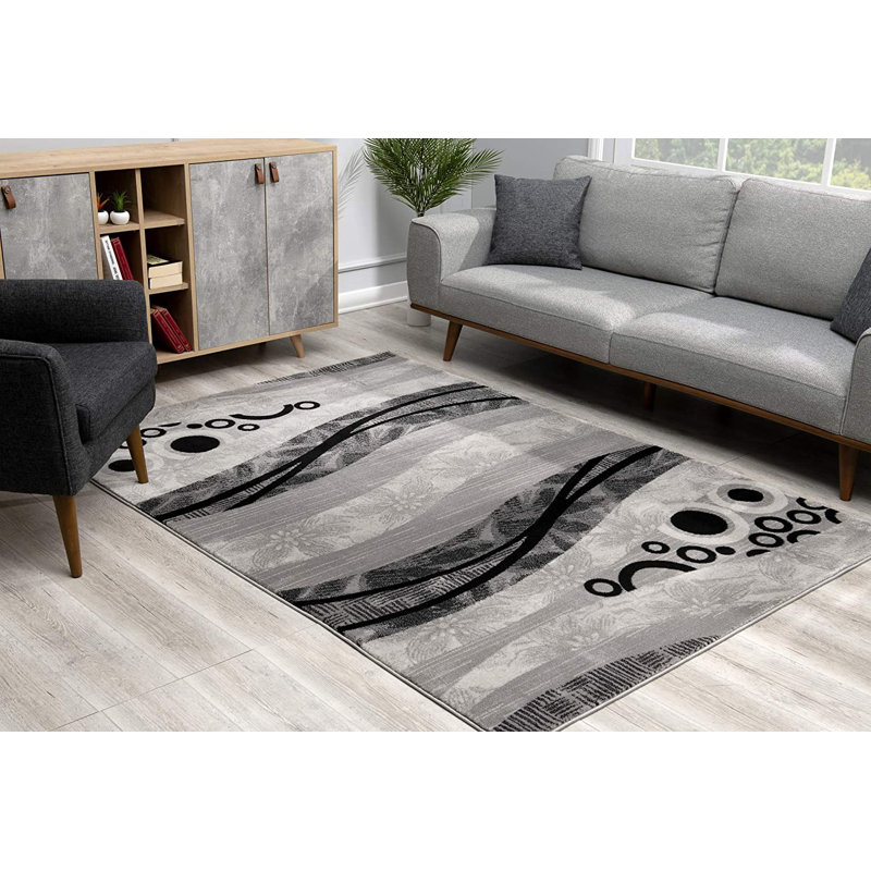 Tapis gris et noir à vagues abstraites, Tapis de couloir 2 pi x 10 pi