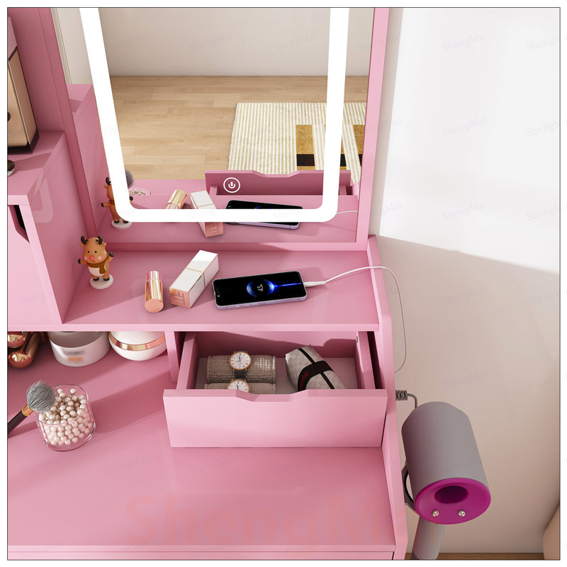 Miroir de salle de bain à 3 DEL avec tabouret, coiffeuse pour chambre à coucher, 2 tiroirs, 5 armoires de rangement (4 ouvertes et 1 cachée), éclairage réglable