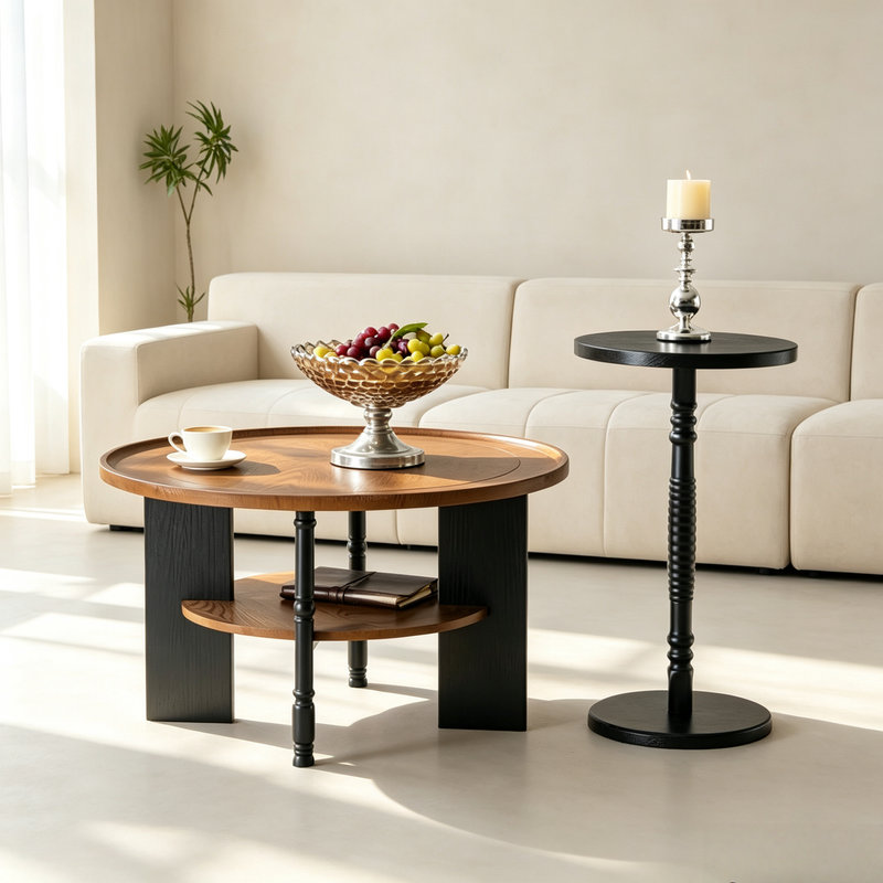 Ensemble de tables basses rondes 2 pièces, table de rangement 31,5 "et table d'appoint 15", finition noire et noyer