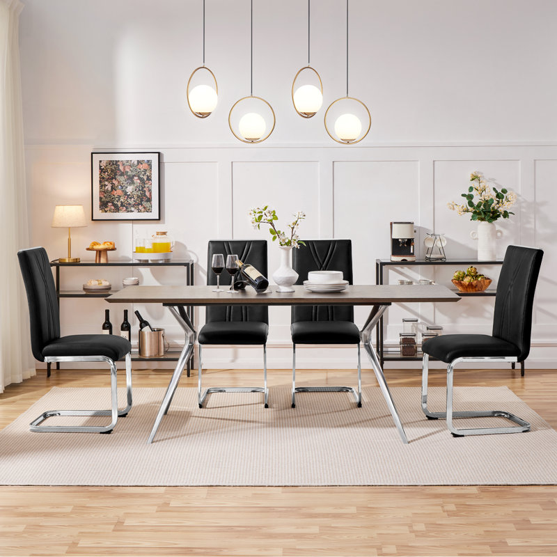 color Faux Leather Dining Chairs with Chrome Legs Upholstered Modern Design, Black