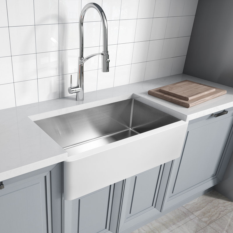 Apollo 36'' White Stone Farmhouse Kitchen Sink with Stainless Steel Interior