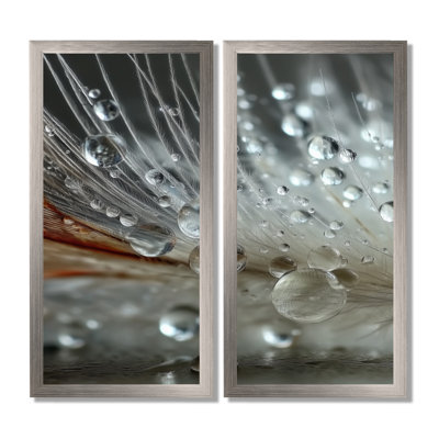 Winter Feather Water Droplets - Abstract Collages Canvas Prints, White Contemporary Wall Art 2 Piece