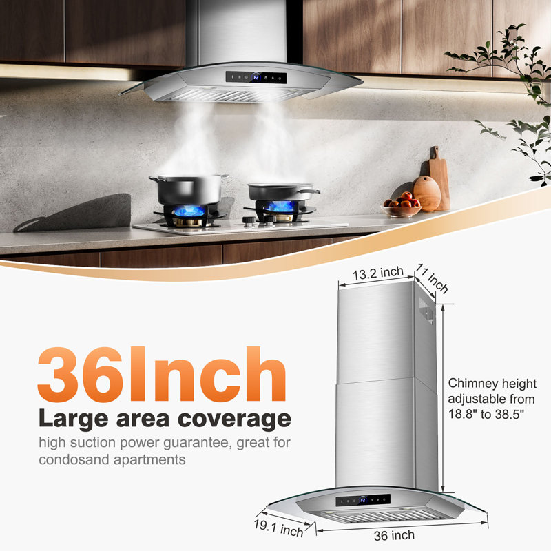 Range Hood 900cfm, 4-speed Smartis Wall Mount Range Hood With Touch Sensor, Dual Led Lights, Baffle Filters Ducted, 36"