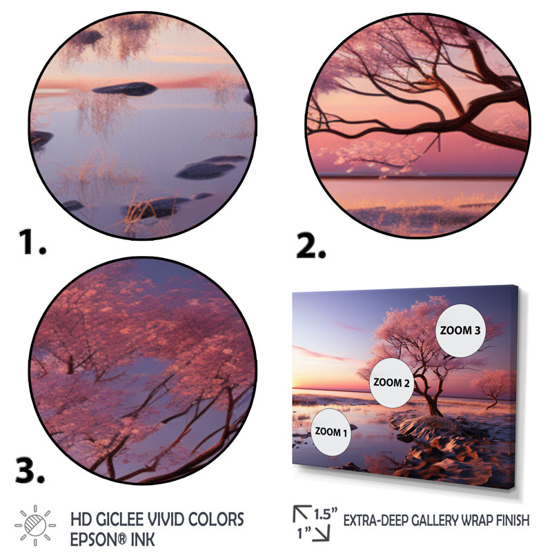 Coucher de soleil rose au crépuscule au bord du lac - reproduction, H 34 po x l 44 po x P 1,5 po, Toile tendue
