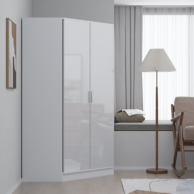 Eva High Gloss 2 Door Corner Wardrobe - H: 180cm x D: 103cm x W: 103cm , Matt White/Gloss White