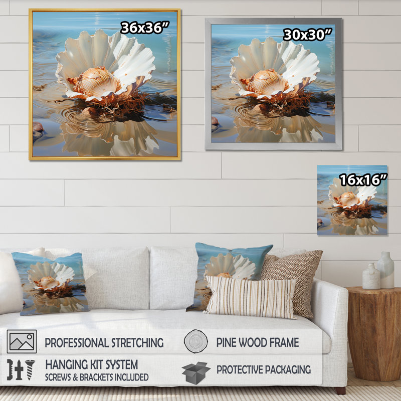 " White Clam Ocean Whispers " Mixed Media and Color Photography Print, 30" H x 30" W x 1" D, Black Floater Framed
