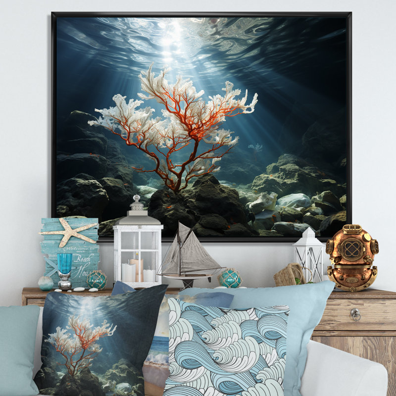 «Pink Coral Tree Under The Sea», reproduction d'art sur toile, H 24 po x l 32 po x P 1 po, Cadre flottant noir