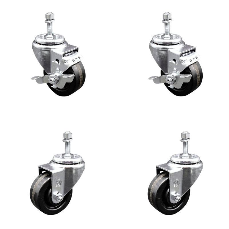 3 Inch Phenolic Wheel Swivel 10mm Threaded Stem Caster Set 2 Brakes SCC