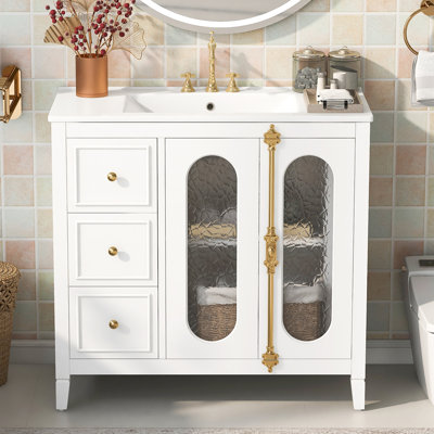 Meuble-lavabo simple avec lavabo en céramique et armoire de rangement en bois massif
