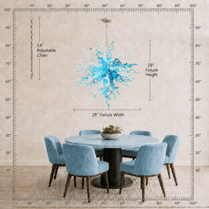 Lustre sculptural en verre bleu et blanc de 71 cm (28 po) de largeur avec chaîne réglable