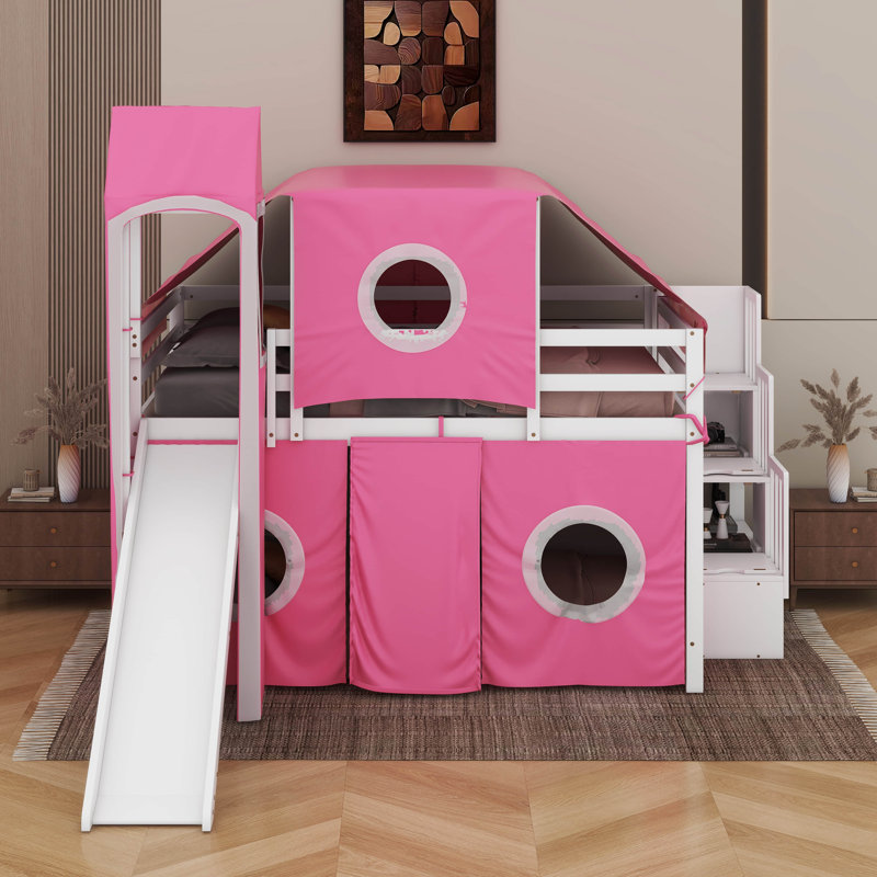 Lit mezzanine double avec tente et tour, Rose