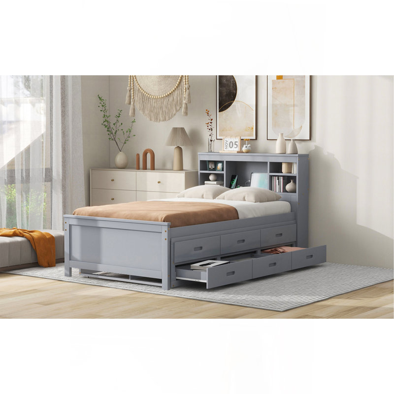 Twin Size Platform Bed With Storage Headboard, Gray, Twin