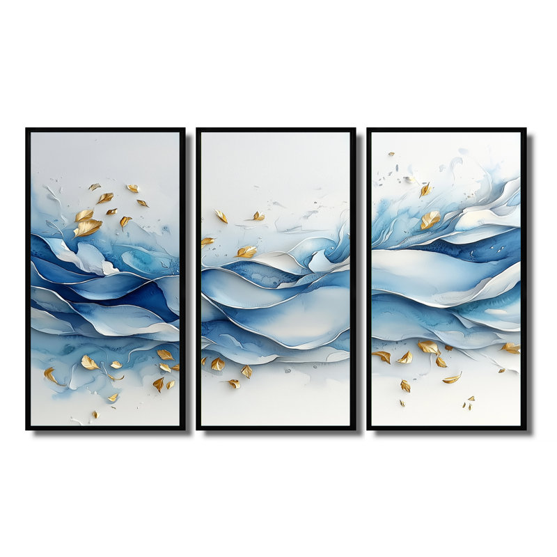 Blue Gold Ferns Gentle Breeze - ensemble de 3 fougères, H 28 po x l 36 po, Impression encadrée sans passe-partout, Noir