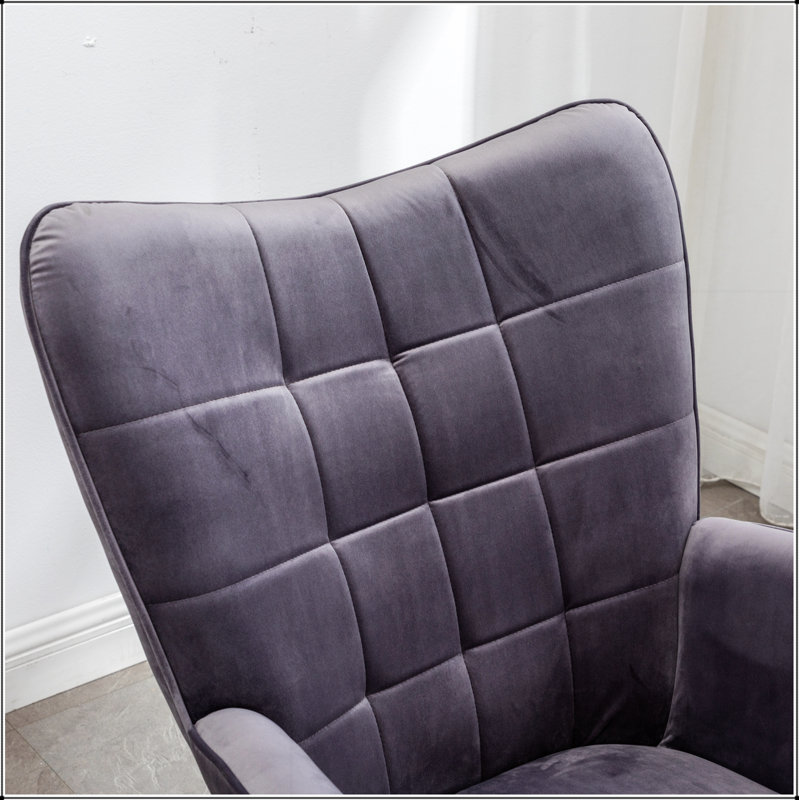 Fauteuil d'appoint Leiria contemporain en velours soyeux capitonné avec repose-pieds, gris, luxueux et élégant pour les intérieurs modernes