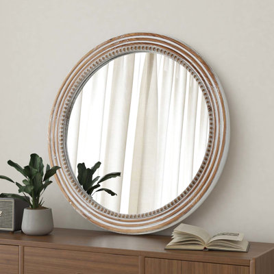 24.15 Inches Decorative Mirror With Rustic Beads, Transforms Living Room Bedroom Kitchen Entryway , White Round Wall Improves Of Entryway,