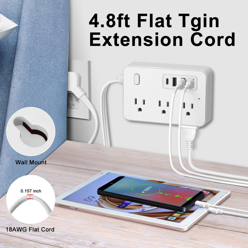 Multiprise avec ports USB, 6 prises de courant, 3 ports de charge USB-A et 1 port USB-C, rallonge plate de 4,8 pi, prise à angle de 45 °, station de charge murale pour bureau à domicile
