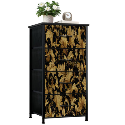 Dresser for Bedroom with 4 Storage Drawers Gold Black Baroque Floral Dressers Chest of Drawers Steel Framed Fabric Closet Organizers for Dorm Entryway