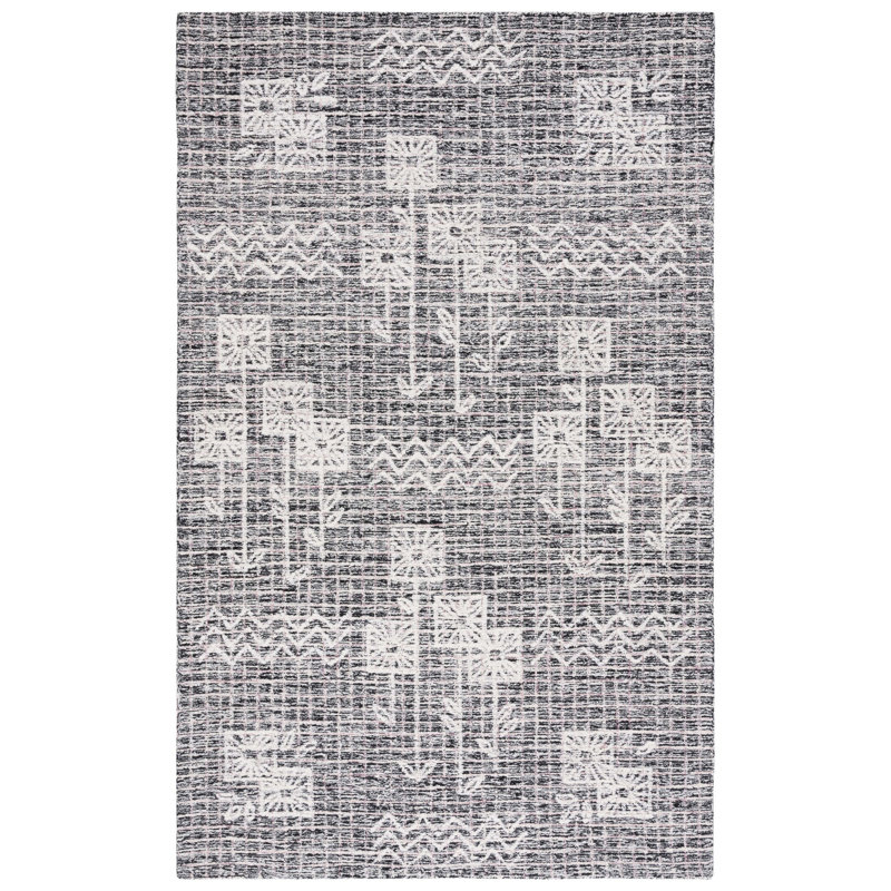 Tapis noir / ivoire en laine / coton touffeté à la main Hadwig, Rectangle 5 pi x 8 pi