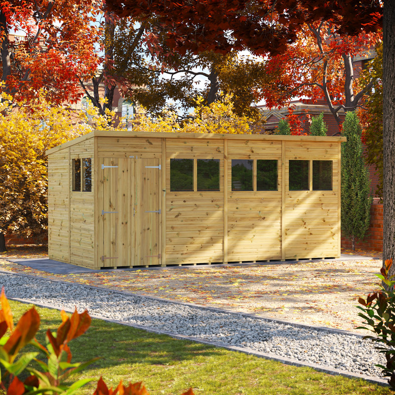 Powersheds 16 x 8ft Premium Pressure Treated Timber Pent Garden Shed, Double Doors