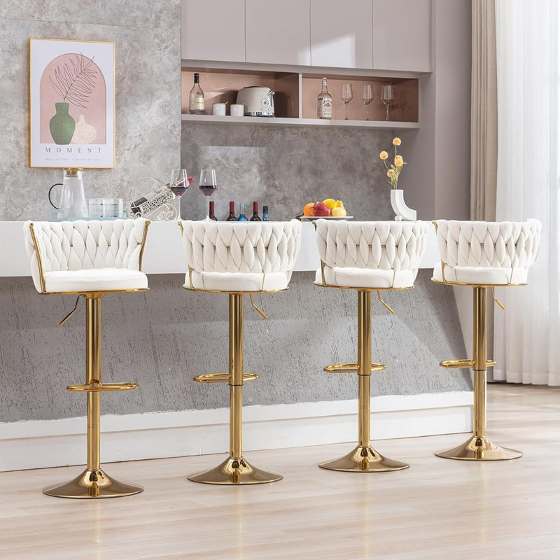 Ensemble de 4 tabourets de bar modernes en velours avec dossier et accoudoirs, base en métal doré, chaises pivotantes à 360 °, blanc