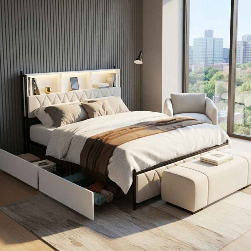 Smart Bookcase Velvet Storage Beds Upholstered Bed, European Double (140 x 200 cm)