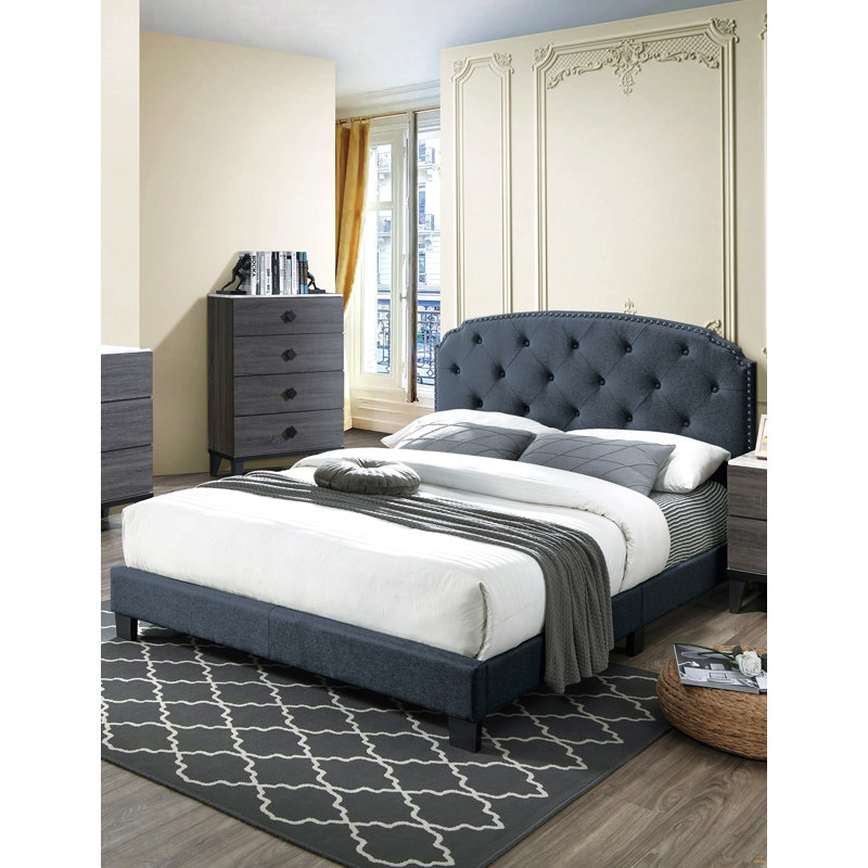 Grand lit 1pc garniture cloutée capitonnée, Gris anthracite, Grand lit