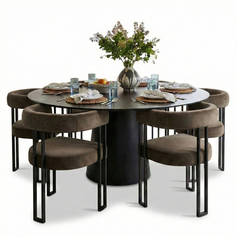 6 - Person Dining Table Sets With 60'' Round Table & 6 Upholstered Velvet Chairs, Mink