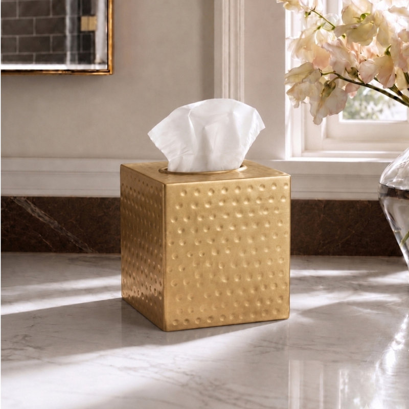 Hand Hammered Metal Tissue Box Cover, Brushed Gold