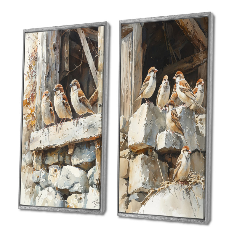 «Sparrows Birds In The Farmyard I», collection d'art sur toile 2 animaux, H 32 po x l 33 po, Encadrement argenté