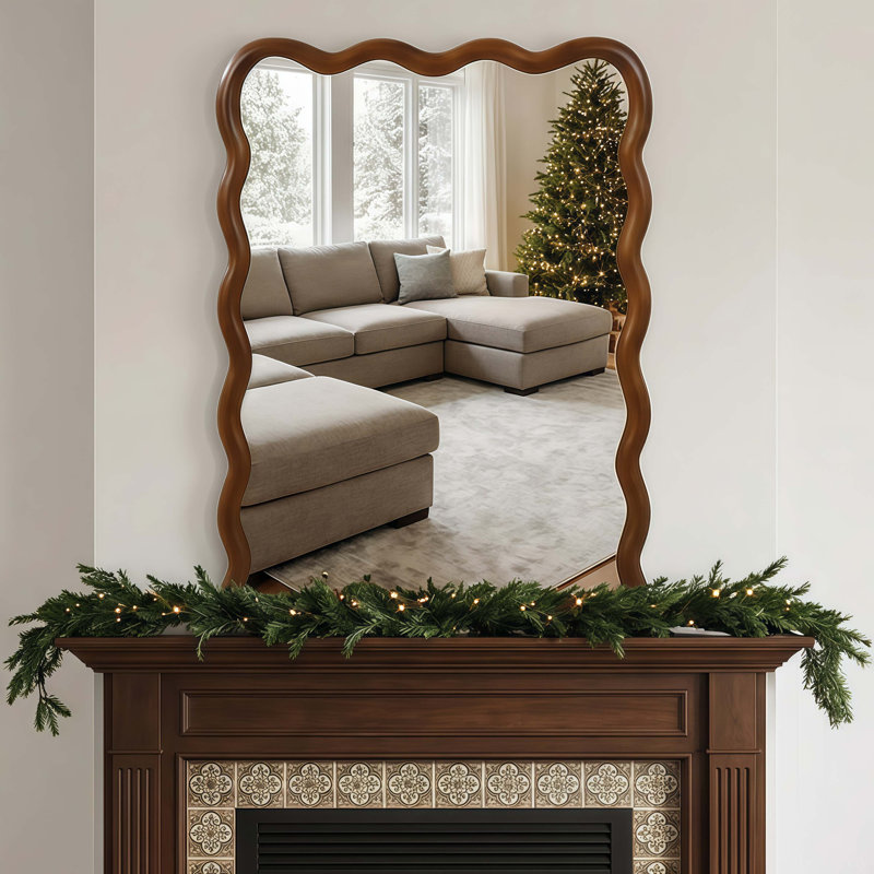 Miroir décoratif rond en bois massif Wavy, 24 po x 36 po, Rectangulaire, Noyer foncé