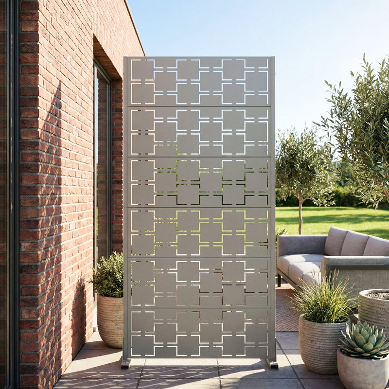 Metal Privacy Screen Fence Panel with Stylish Pattern, Grey, 72" H x 35" W x 16" D