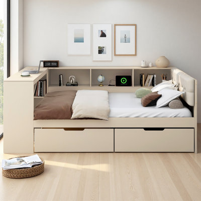 Élégant lit de jour plateforme en bois pleine grandeur avec tablettes de rangement, tiroirs, station de charge et tête de lit tapissier, crème
