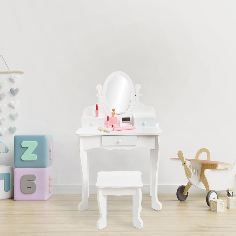 Kids Vanity Set with Adjustable Mirror & Stool,Wooden Toddler Vanity Set with Drawers,Pretend Makeup Dressing Table for Little Girls, White