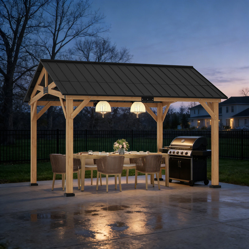 Pavillon de jardin en bois 11 pi x 13 pi avec toit rigide en bois de cèdre naturel, structure d'ombrage résistante aux intempéries et à la rouille pour la cour et le jardin